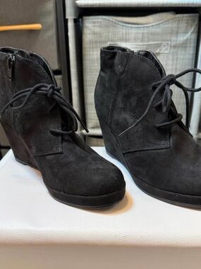 Black Suede Wedge Ankle Boots - Women
